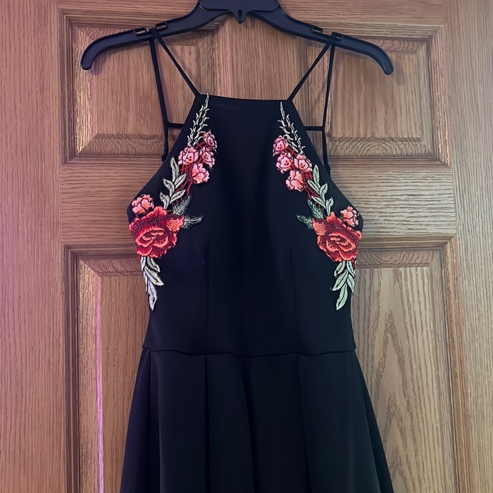 Black Homecoming Dress with Flowered Bodice